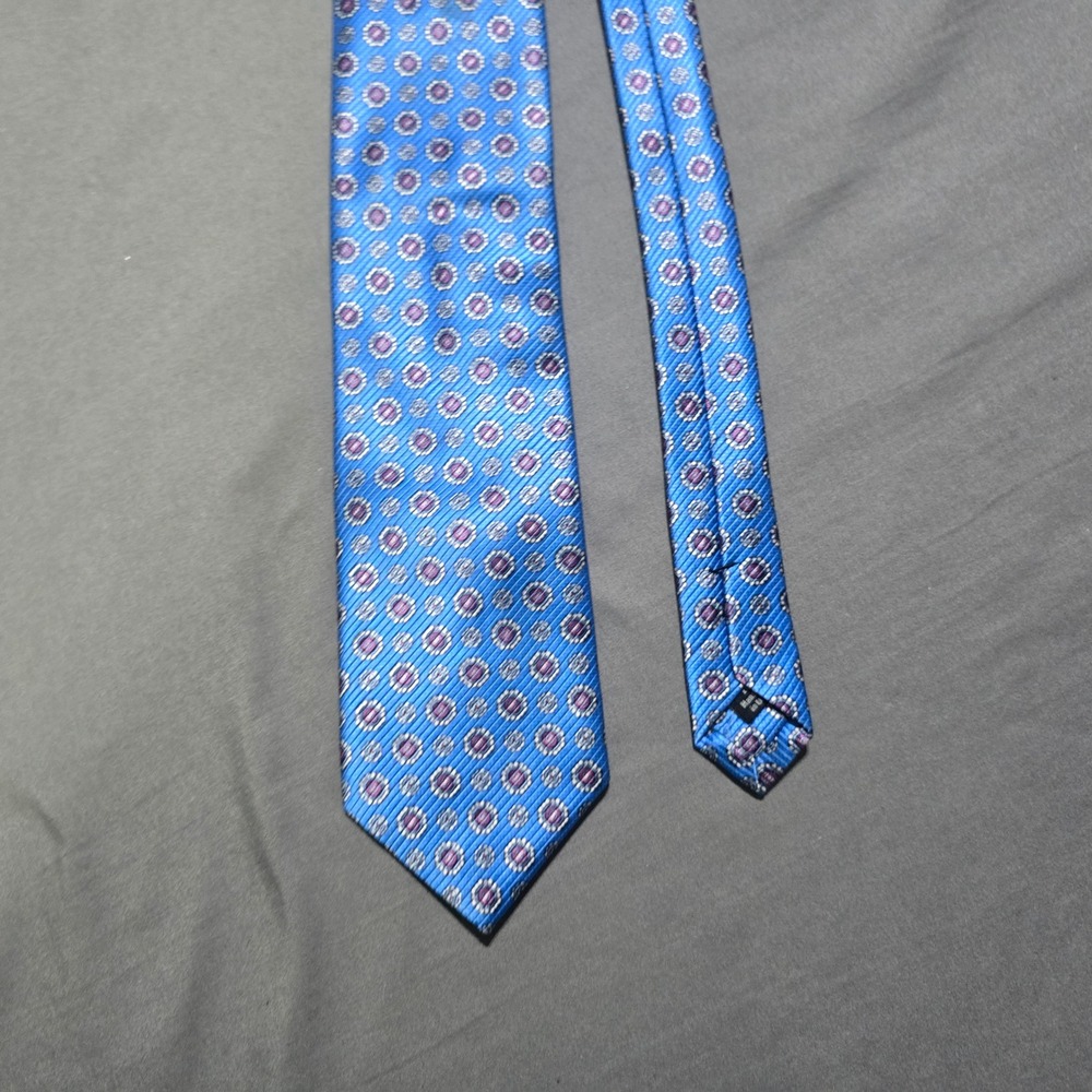 David Donahue Necktie Mens OS Blue Purple Geometric Medallion Silk Handmade USA